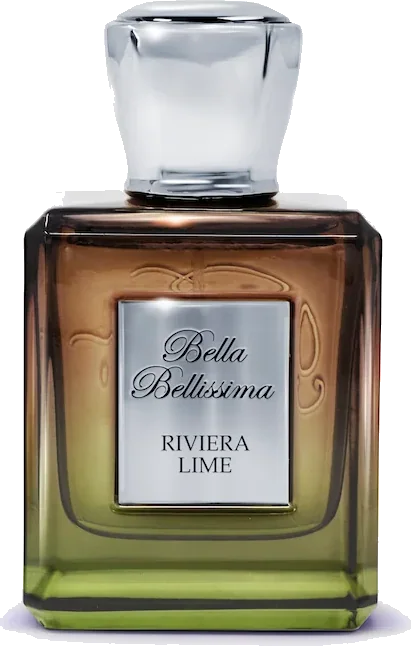 Bella Bellissima Riviera Lime bottle - brown and lime green shaded glass with silver cap and engraved plaque