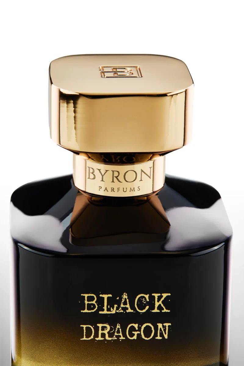 Byron Parfums Black Dragon bottle close-up on dark background