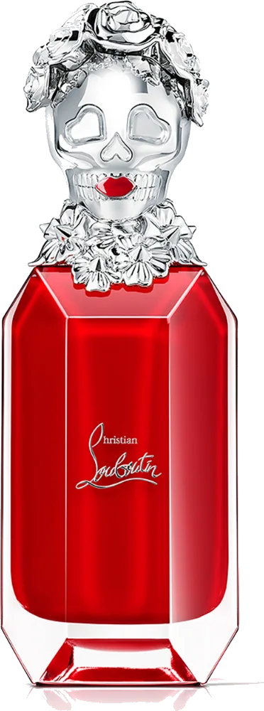 Christian Louboutin Loubikiss Eau de Parfum 90ml bottle with calavera skull crowned with white flowers