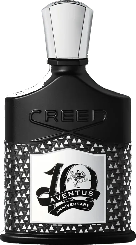 Creed Aventus (10-Year-Anniversary Edition) 100ml black bottle with silver cap and commemorative ribbon motif