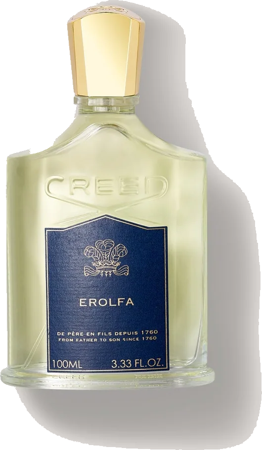 Creed Erolfa 100ml/3.3oz Glass Bottle - Front View, Navy Label with Gold Cap