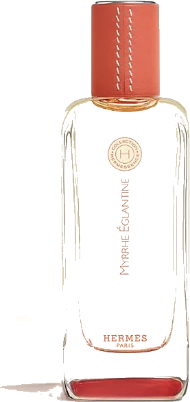 Hermès Myrrhe Eglantine Eau de Toilette lantern bottle with peachy-pink lacquer and leather cap
