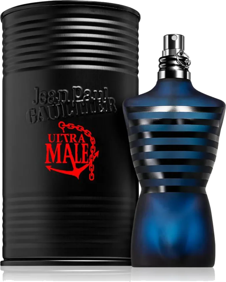 Jean Paul Gaultier Ultra Male Intense Eau de Toilette bottle, dark blue striped torso flask
