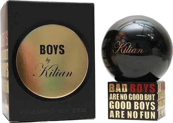 Kilian Bad Boys Are No Good But Good Boys Are No Fun bottle — black spherical flacon with gold script on a rectangular base reading BAD BOYS ARE NO GOOD BUT GOOD BOYS ARE NO FUN