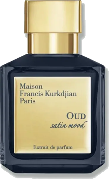 Maison Francis Kurkdjian Oud Satin Mood Extrait de Parfum bottle in deep navy blue glass with gold label and cap