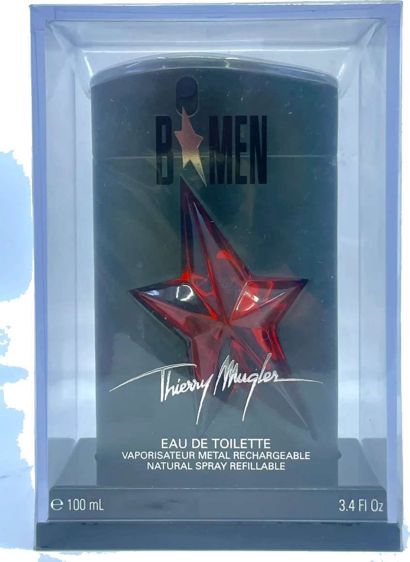Thierry Mugler B*Men EDT - red glass bottle with khaki-green rubber cover, 100ml
