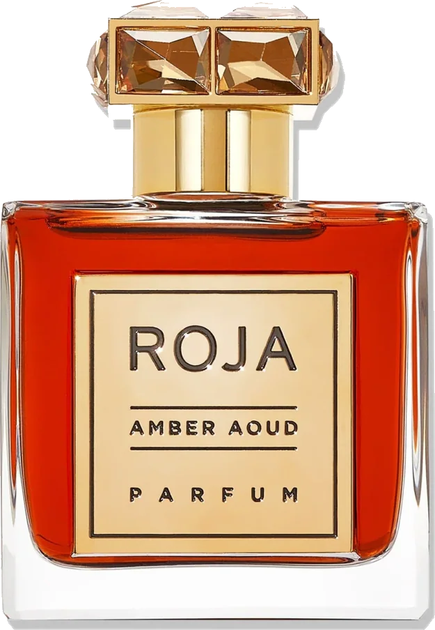 Roja Parfums Amber Aoud Parfum 50ml clear glass bottle with gold label and faceted gold-and-amber cap