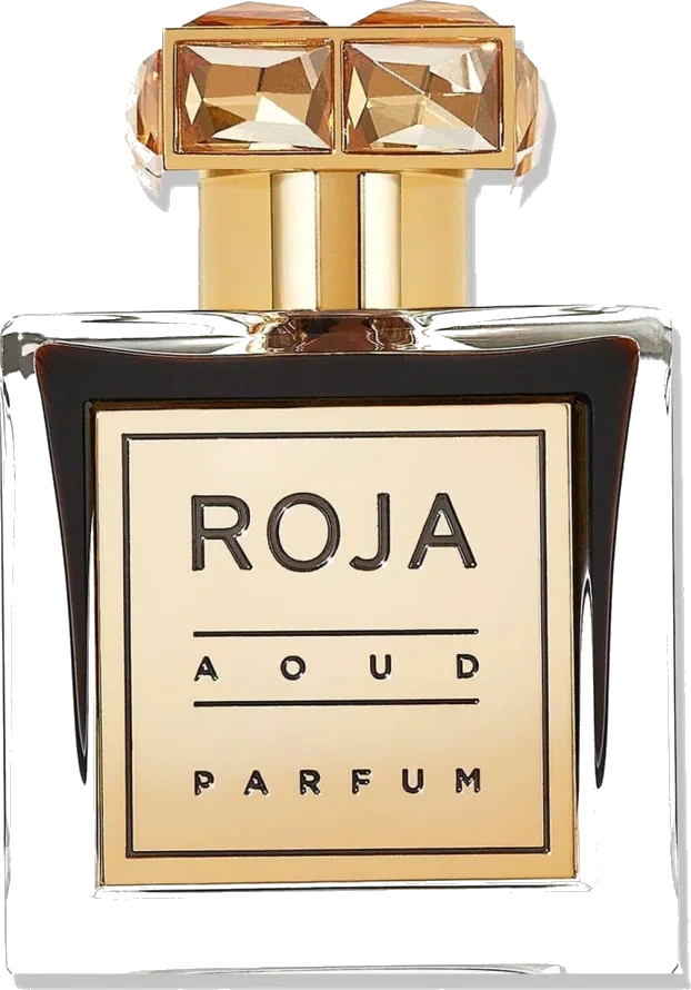 Roja Parfums Aoud Parfum bottle with gold label and gem-like gold cap on white background