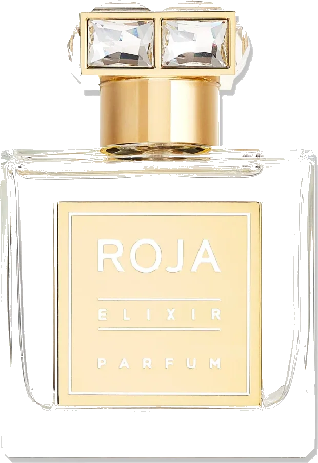Roja Parfums Elixir Pour Femme bottle with gold label and jeweled cap