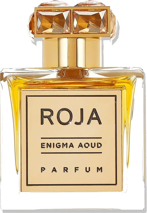 Roja Parfums Enigma Aoud bottle with gold cap against white background