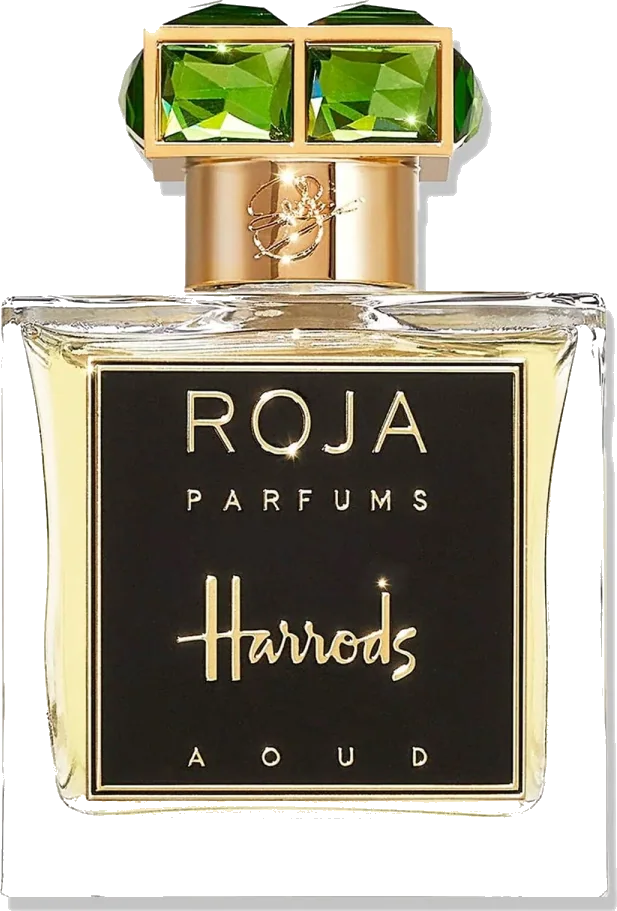 Roja Parfums Harrods Aoud bottle with gold cap and two green gemstones