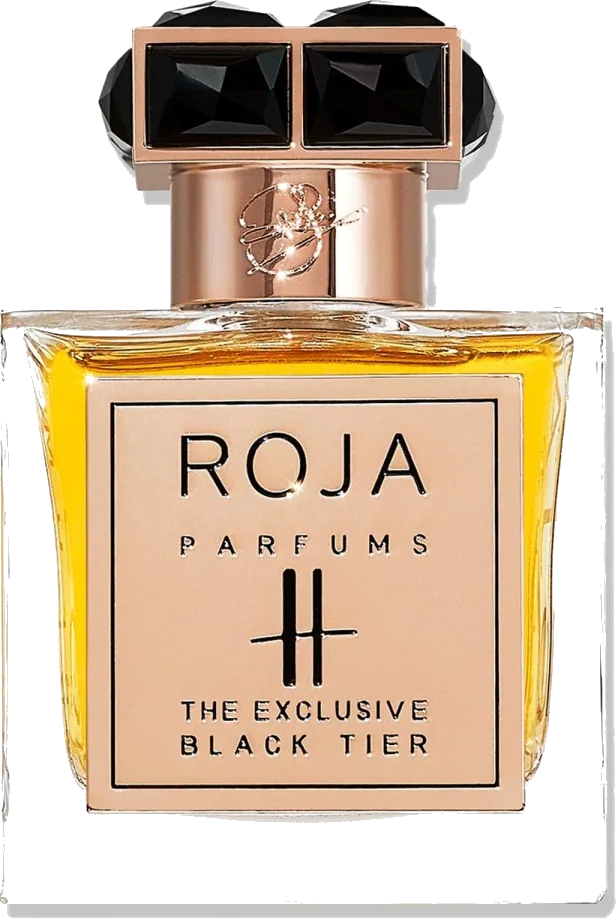 Roja Parfums H The Exclusive Black Tier bottle - square glass flacon with golden liquid and gold cap with black gemstone accents