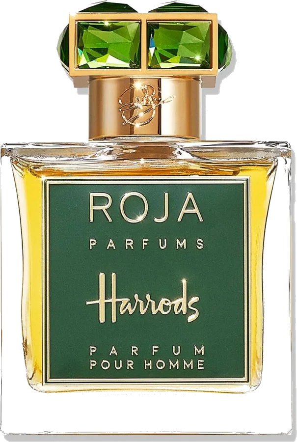 Roja Parfums Harrods Pour Homme clear glass bottle with gold lettering and green gemstone cap