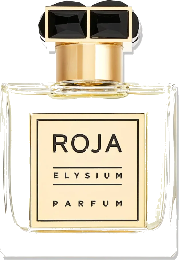 Roja Parfums Elysium Pour Homme Parfum clear glass bottle with gold label and black geometric cap