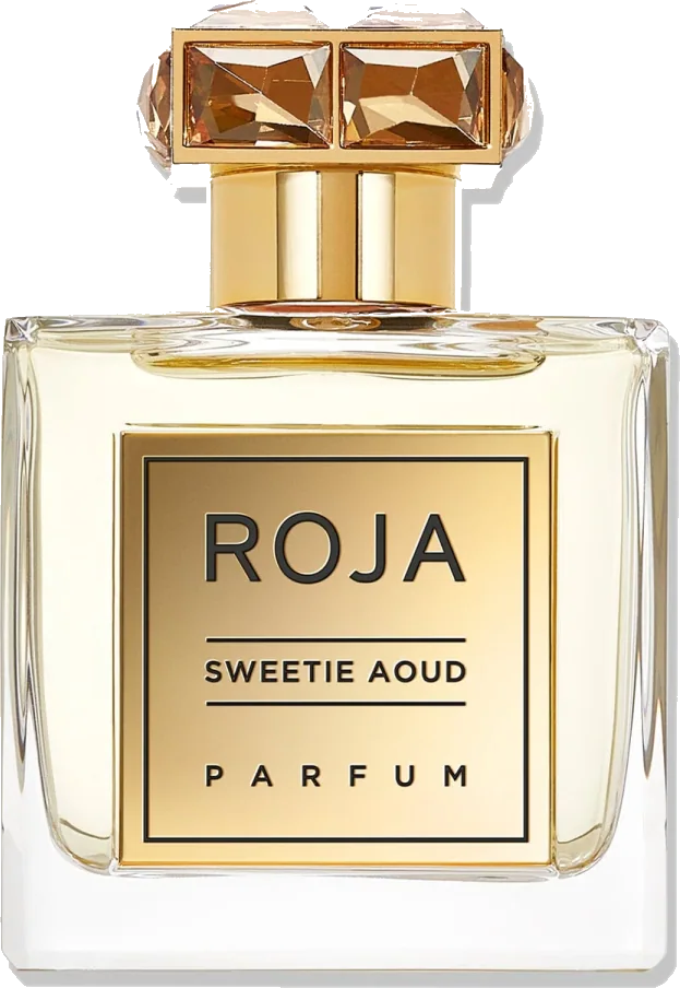 Roja Parfums Sweetie Aoud Parfum bottle with gold label and amber gemstone cap