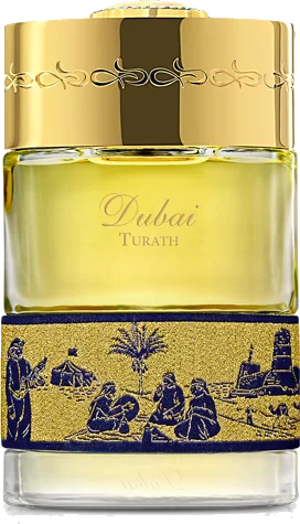 The Spirit of Dubai Turath eau de parfum bottle with gold cap and blue leather presentation box